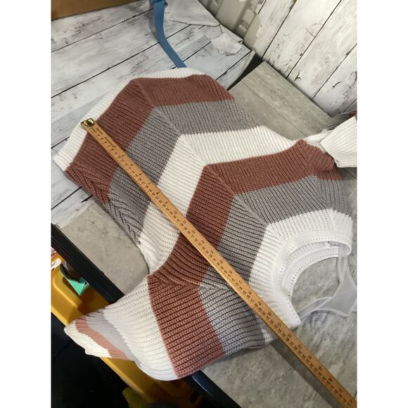 Shein Chevron Stripe Knit Sweater S Pink Grey Cream Chunky Crewneck Pullover - Picture 5 of 5